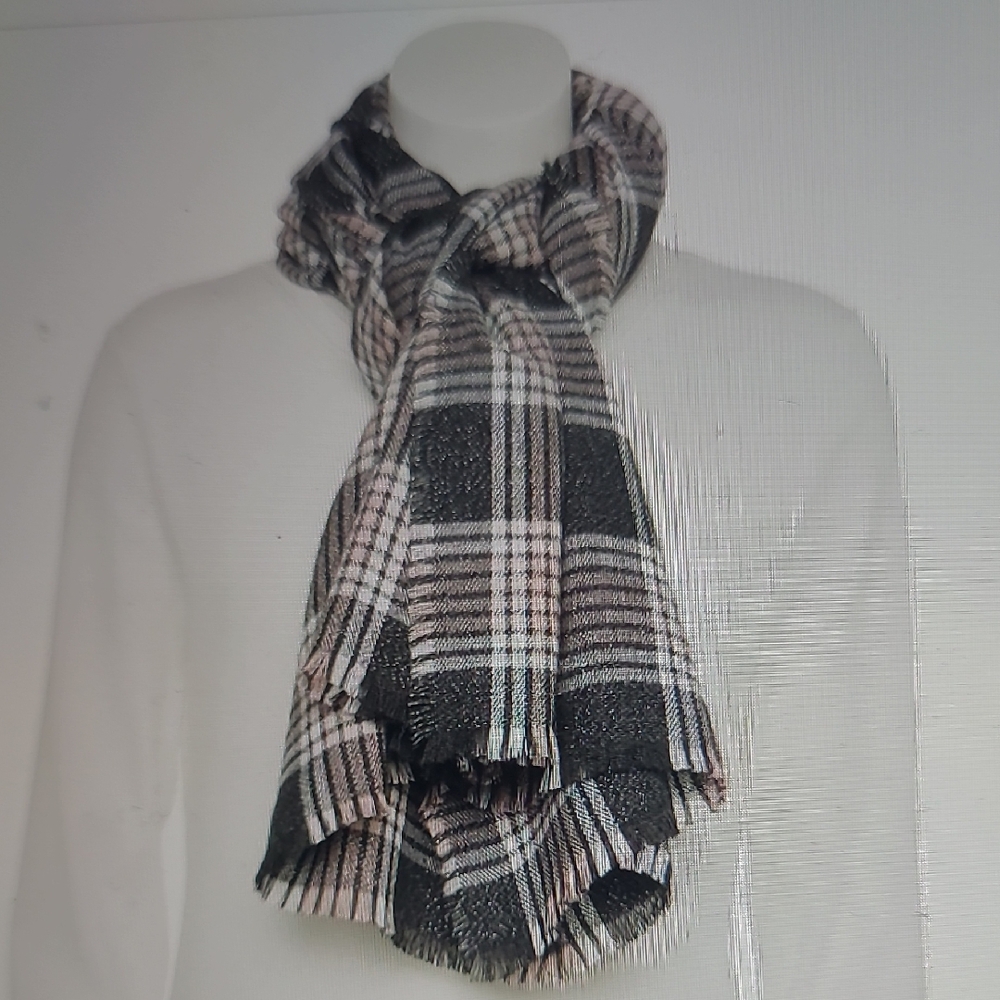 Nine West Woven Plaid Black and Pink Shine Softy Scarf
